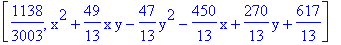 [1138/3003, x^2+49/13*x*y-47/13*y^2-450/13*x+270/13*y+617/13]